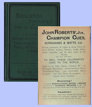 Billiards Simplifies, with Roberts' Champion cues ad